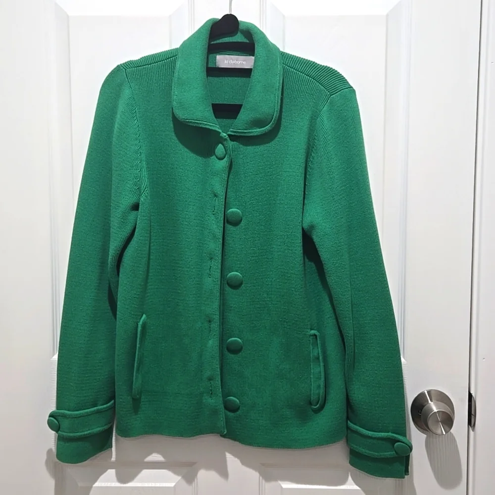 Liz Claiborne green button down knit sweater, jacket 88% cotton, pockets…
